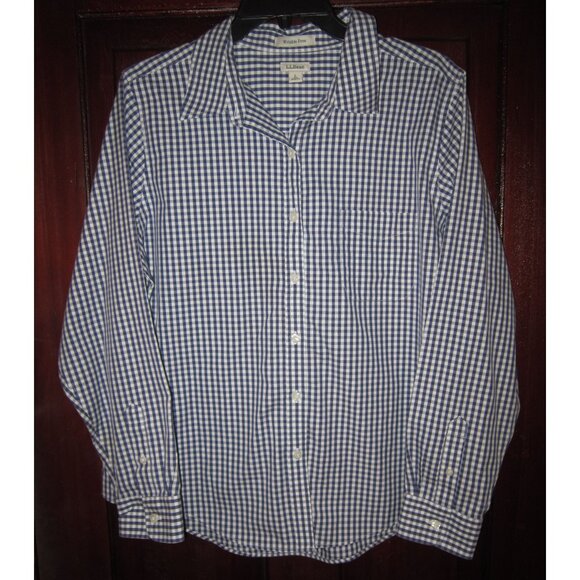 L.L. Bean L Pet Button Up Down Shirt Top Blouse Wrinkle Free Checked Plaid Blue - Picture 1 of 3